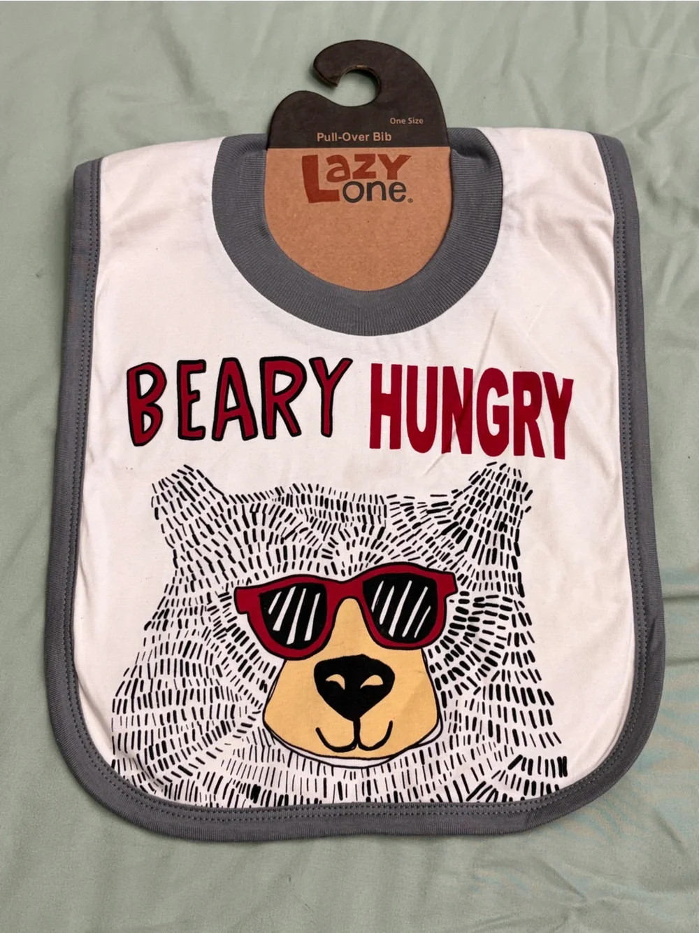 Lazy One White Bib with Bear Wearing Red Sunglasses